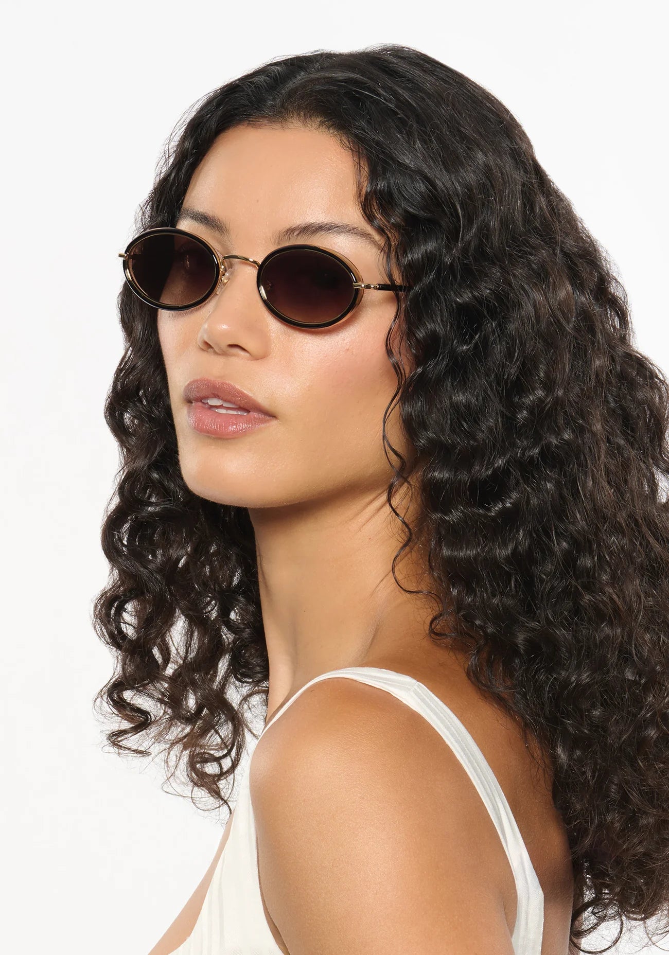 Kate 12k + Black Tea Sunglasses on model with average, square face shape