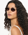 Kate 12k + Black Tea Sunglasses on model with average, square face shape