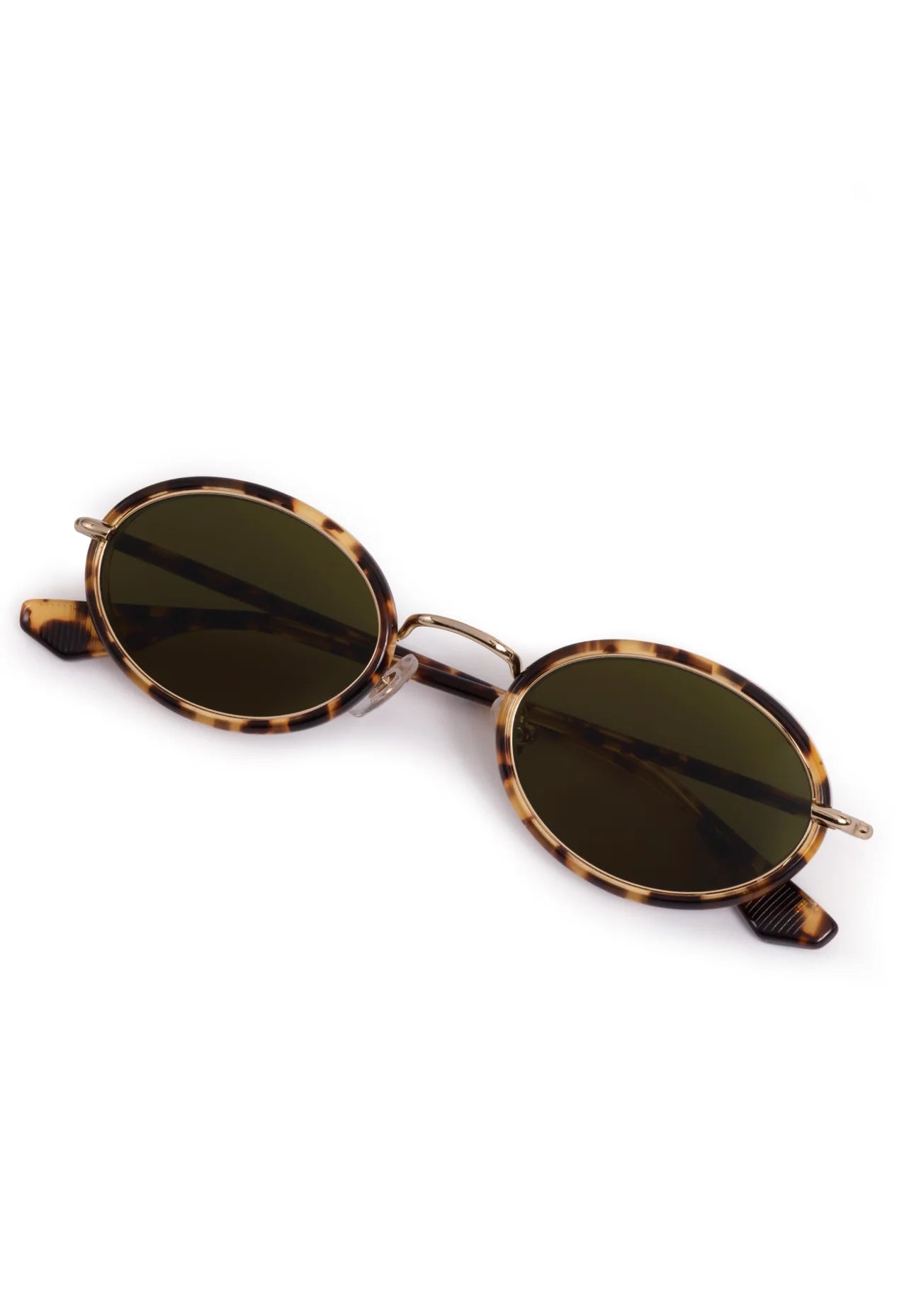 Round sunglasses with tortoiseshell frame and dark lenses on a white background