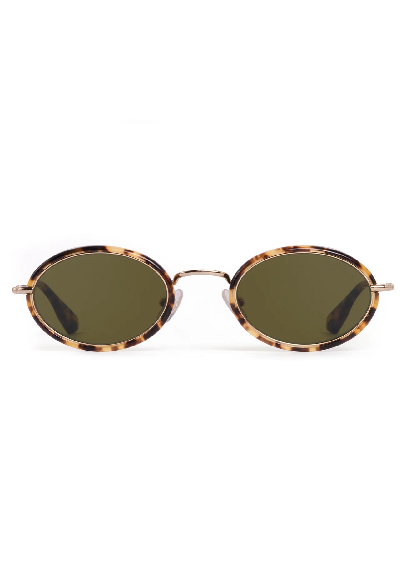 Sunglasses with tortoiseshell frame and green lenses on a white background