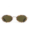 Sunglasses with tortoiseshell frame and green lenses on a white background