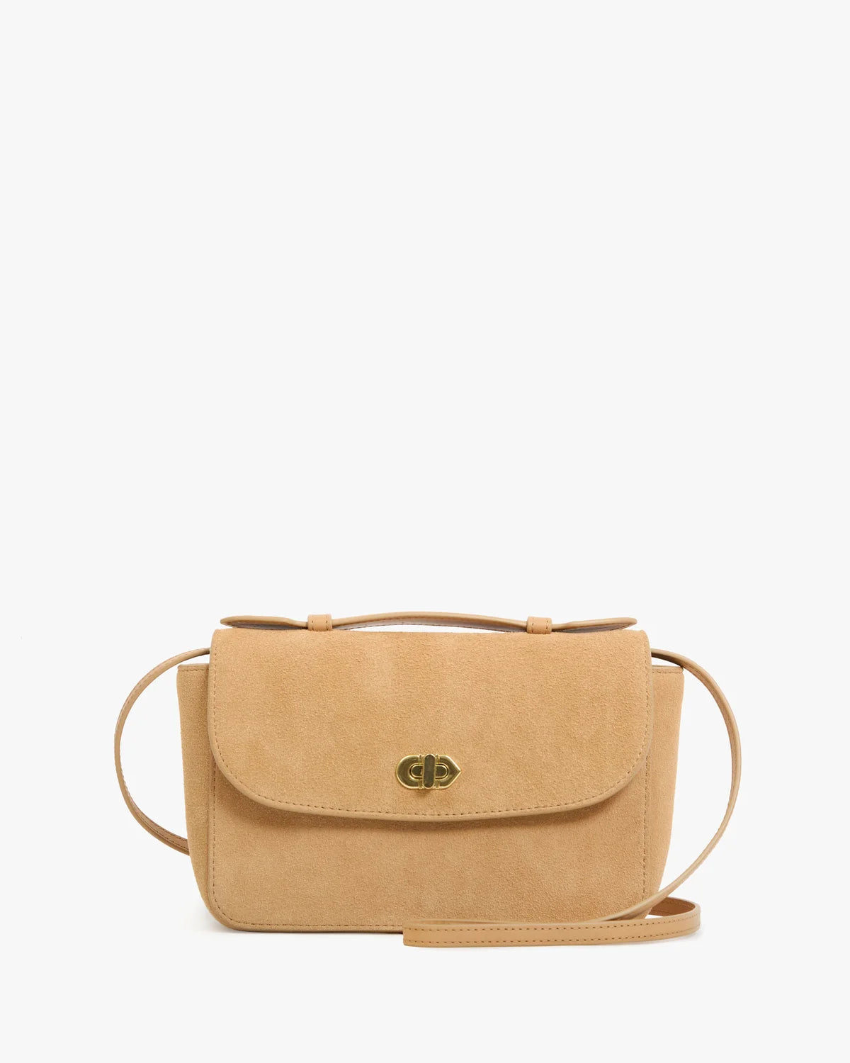 Beige handbag with a gold clasp on a white background