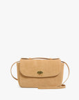 Beige handbag with a gold clasp on a white background