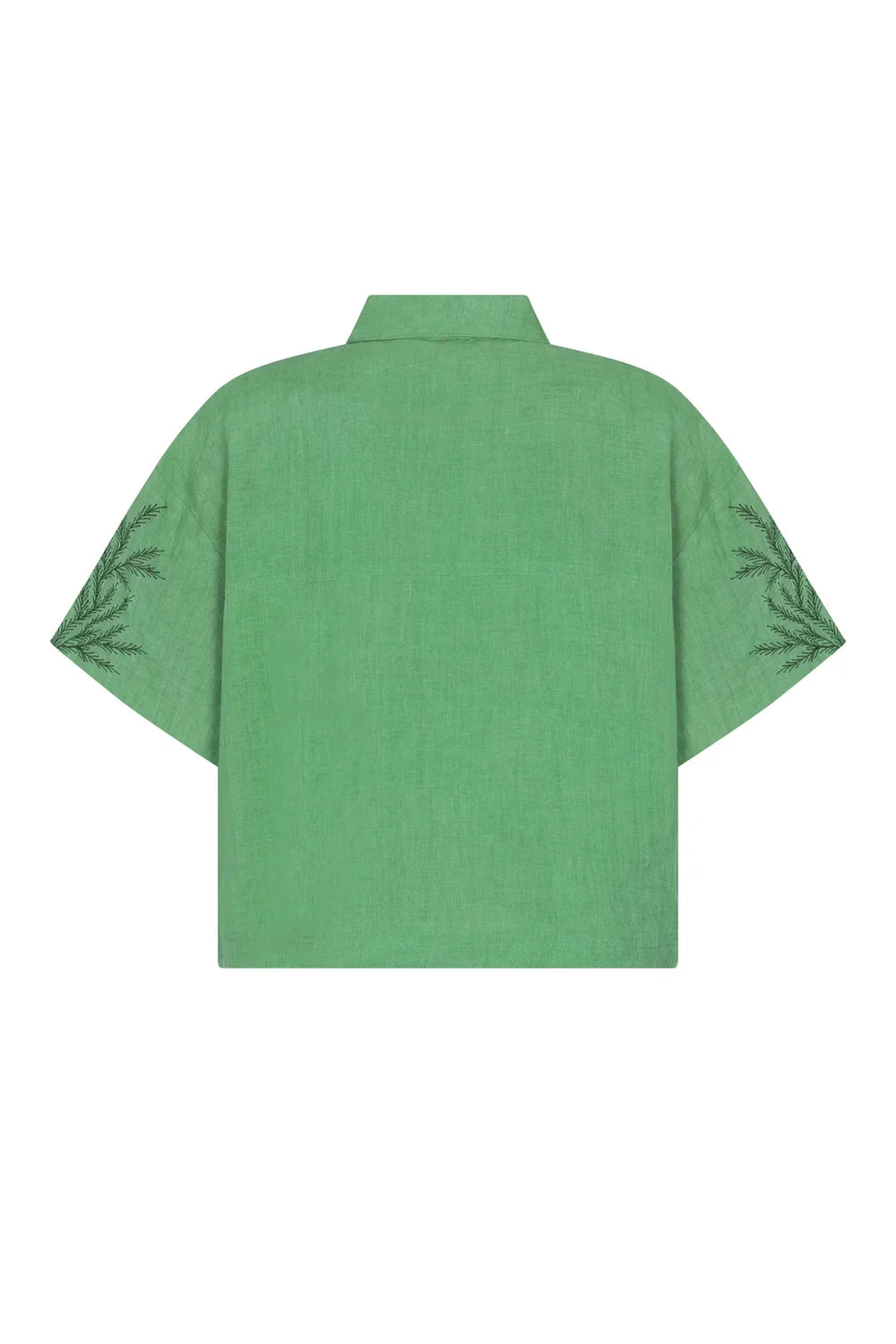 A green short-sleeve button-up shirt shown from the back, featuring dark green embroidered leaf patterns on both sleeves, set against a plain white background.