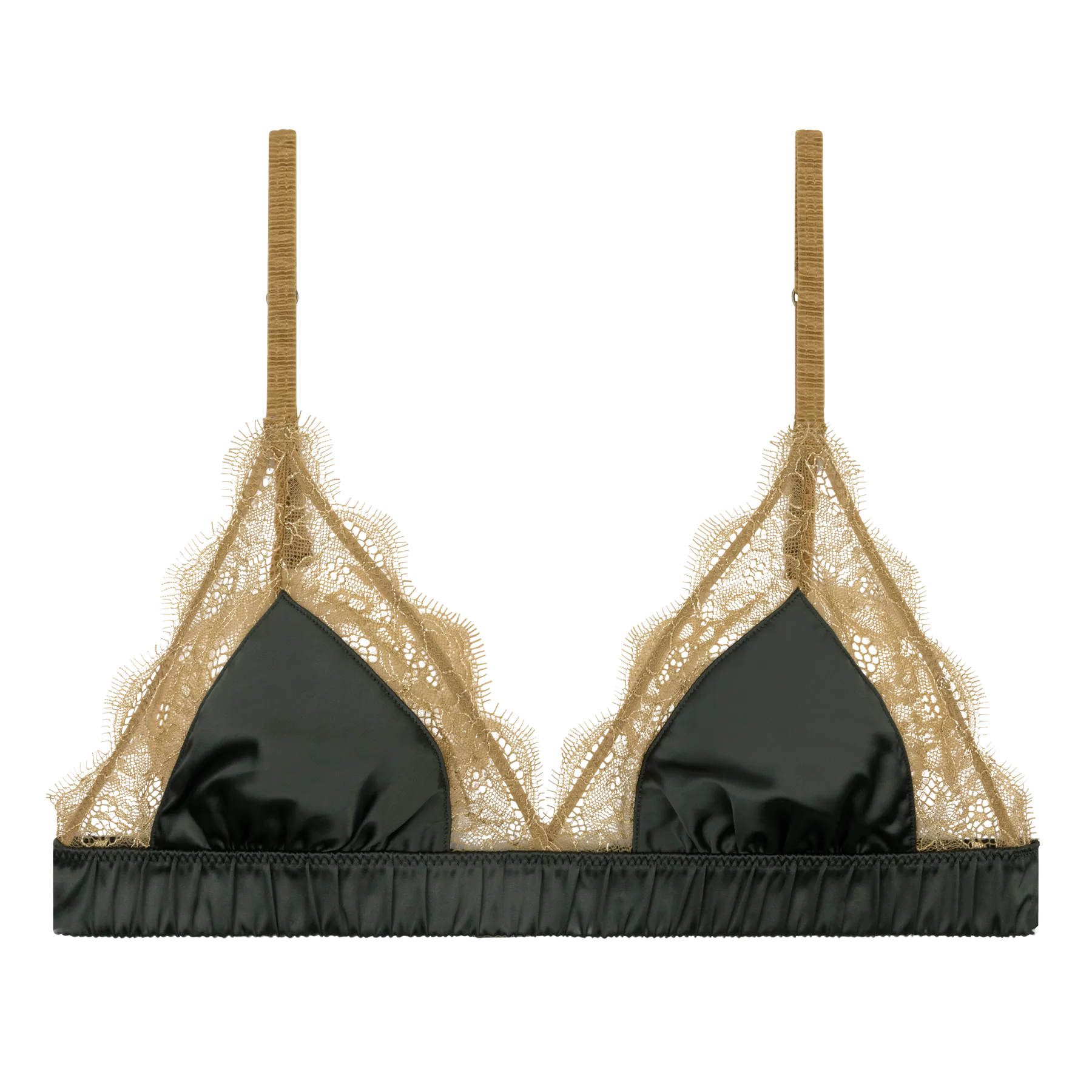 Black bra with beige lace trim on a white background