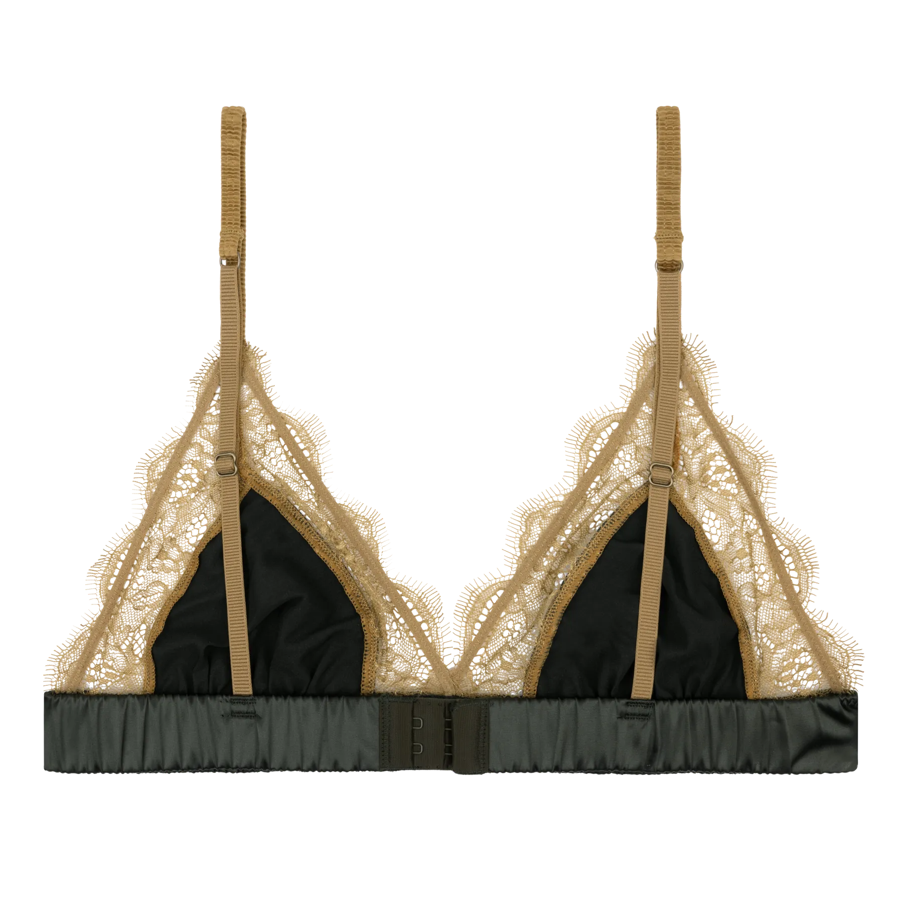 Black bra with beige lace trim and straps on a white background