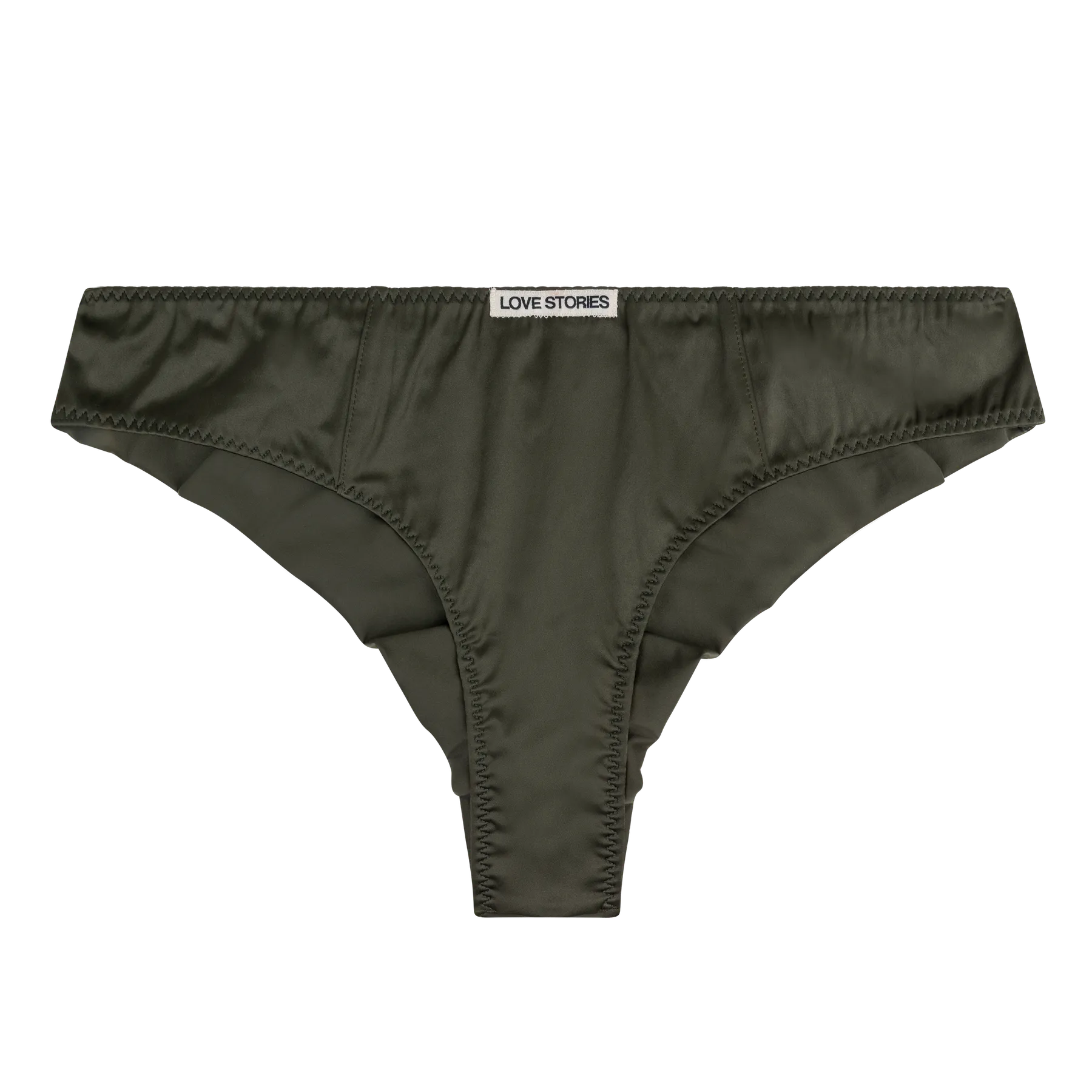 Green bikini bottom with 'LOVE STORIES' label on a white background