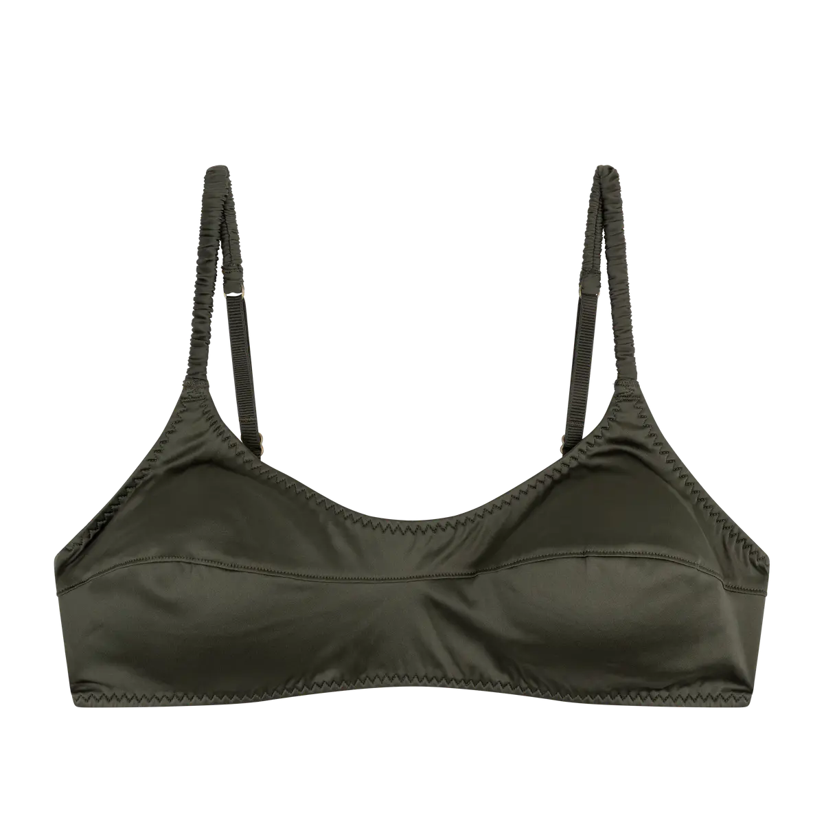 Green bikini top with thin straps on a white background