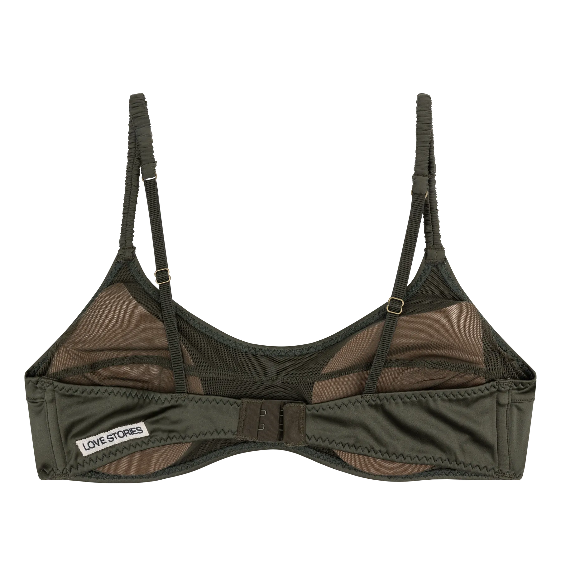 Green bra with mesh panels and 'Love Stories' label on a white background