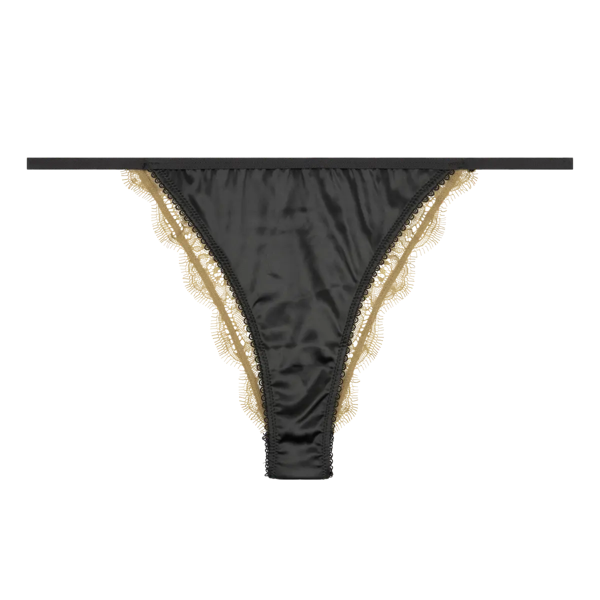 Black satin thong with gold lace trim on a white background