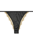 Black satin thong with gold lace trim on a white background