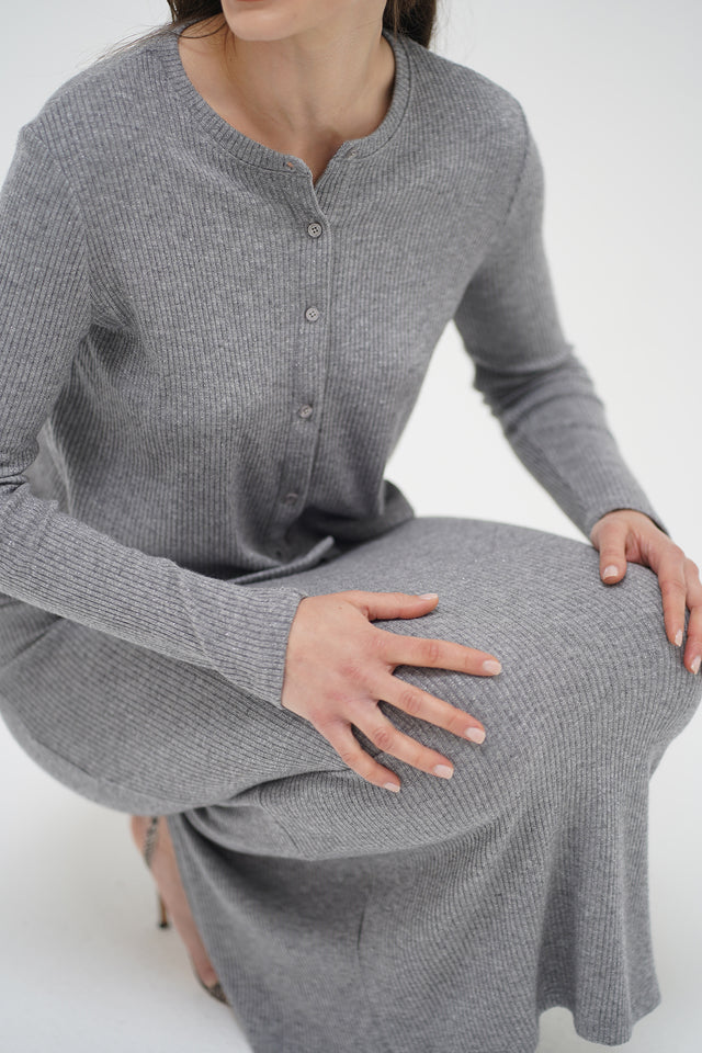 Person wearing a gray long-sleeve dress against a white background