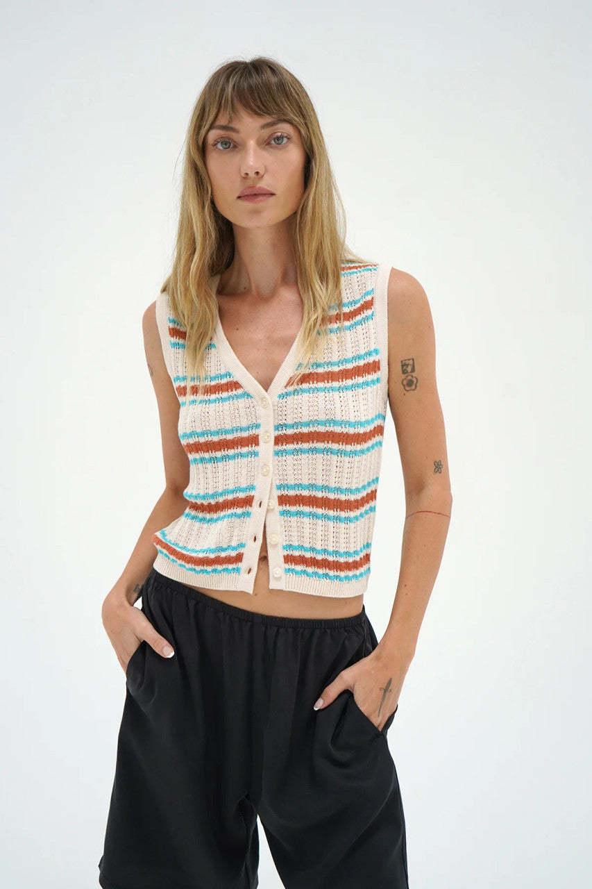 LNA Lou Sleeveless Stripe Cardigan front view