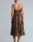A woman viewed from the back wearing a sleeveless midi dress with thin straps, a smocked bodice, and a brown and beige floral pattern. She is standing against a light gray studio background.