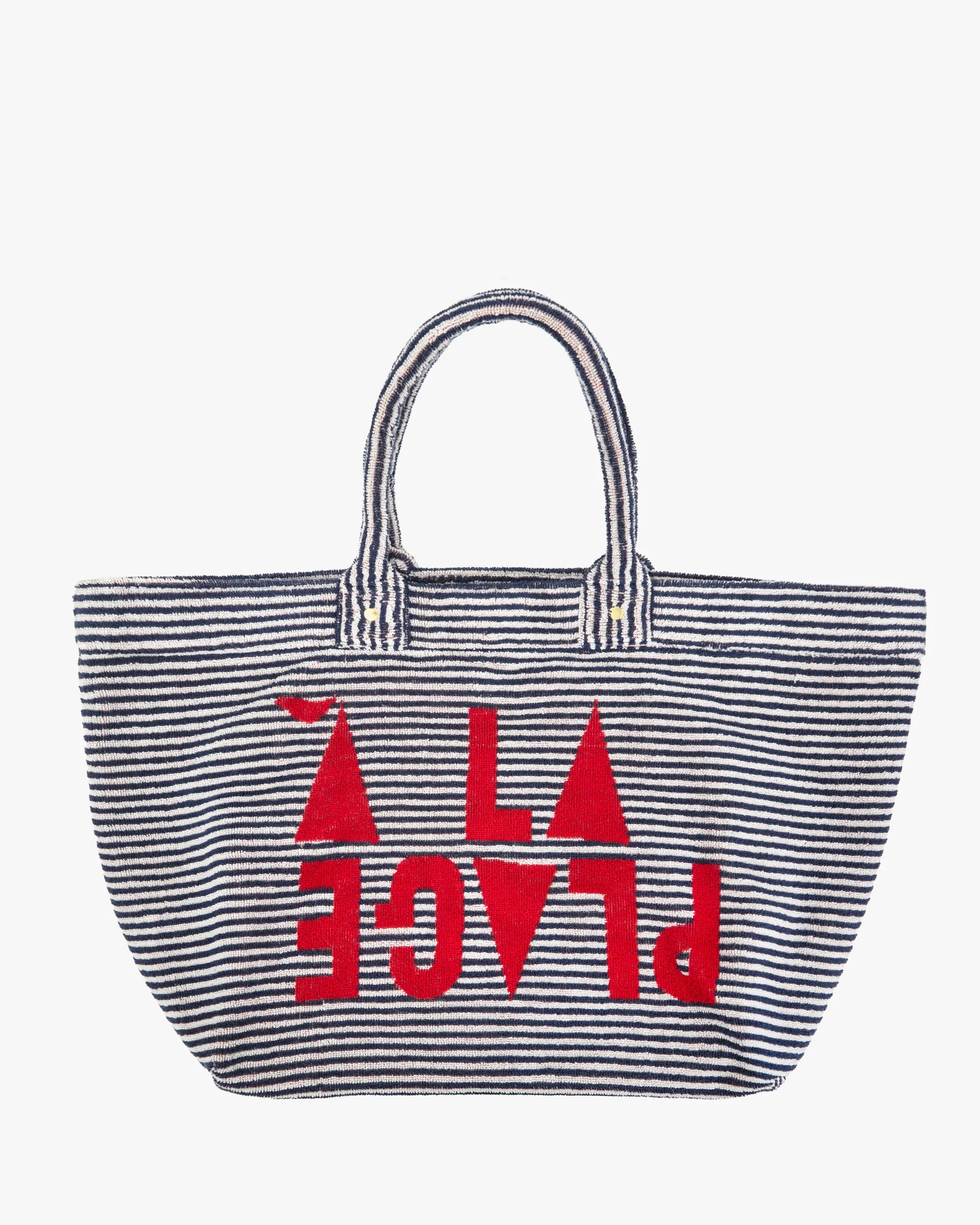 Striped tote bag with red text on a white background