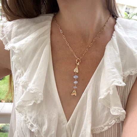 La Pez Blue Lace Fish Bail on chain necklace on model