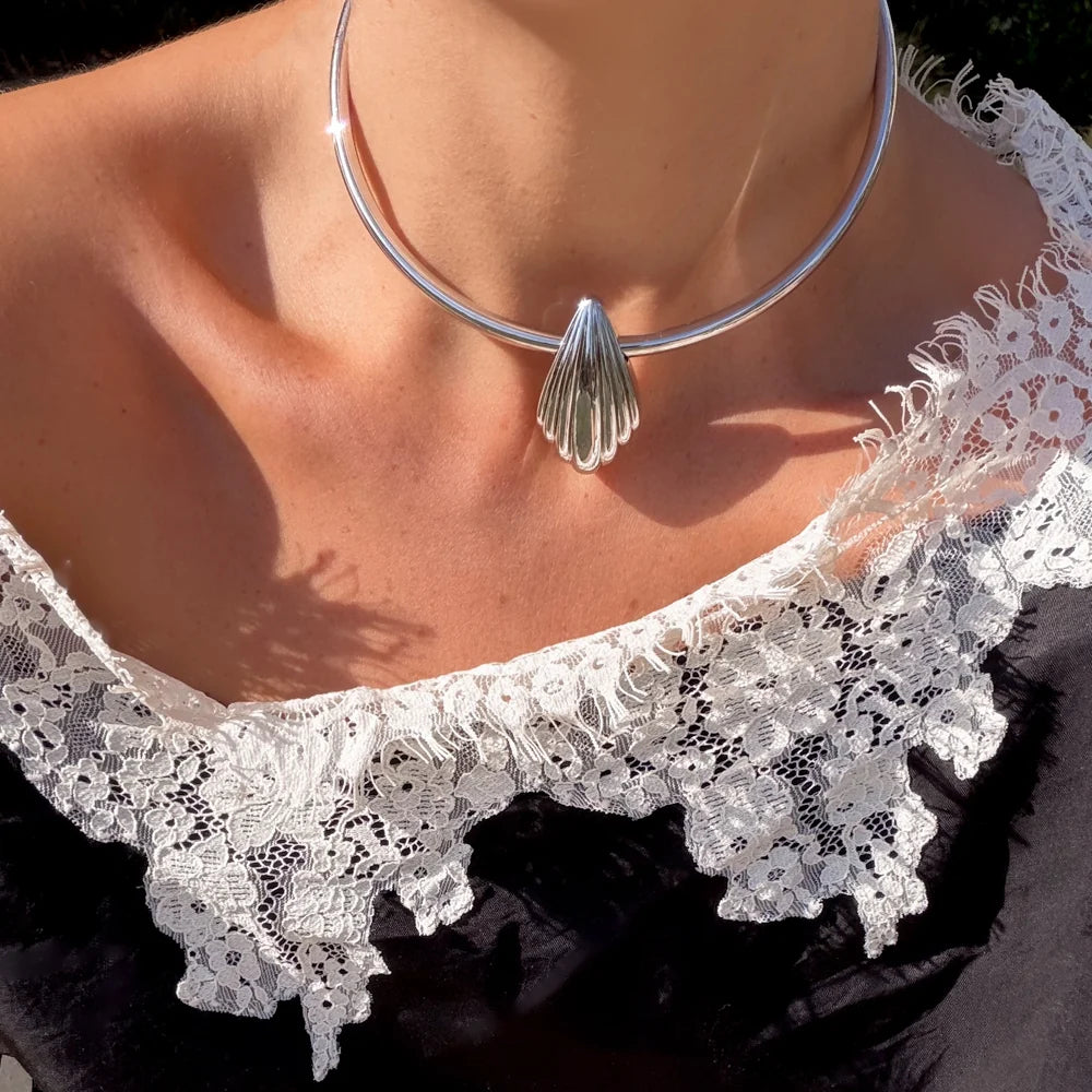 La Sirena Necklace in Rhodium on model