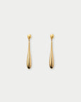 A pair of gold dangle earrings with a teardrop-shaped drop and a small round stud at the top, shown against a light gray background.