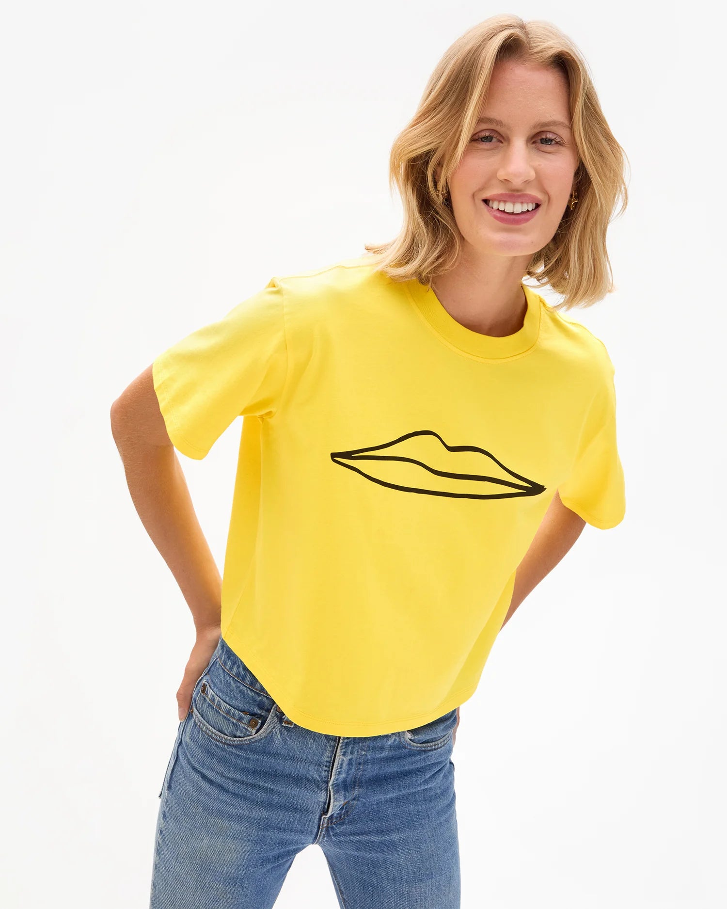 Le Carre Tee close up front view of model leaning slightly forward