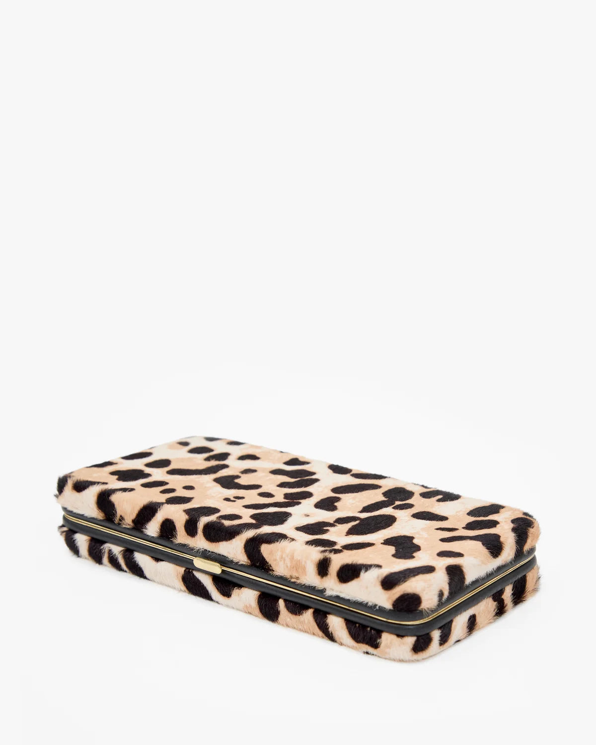 leopard snap closure clutch on a white background
