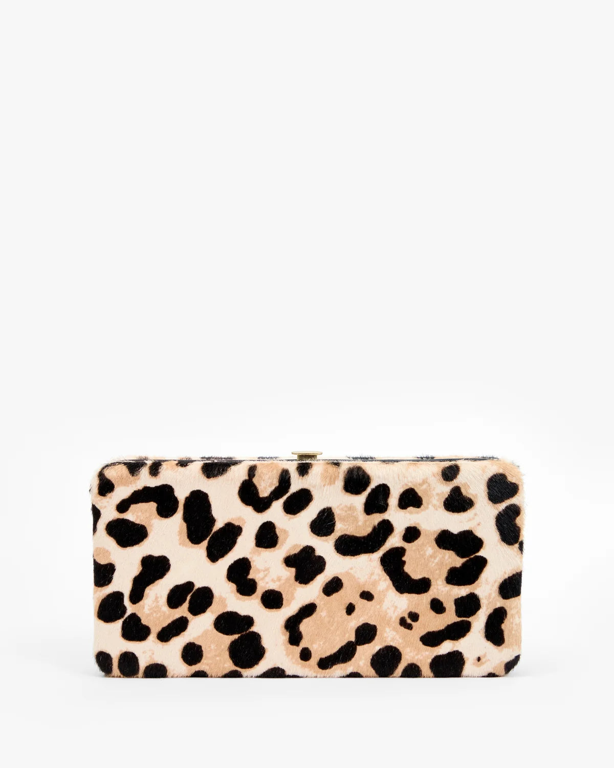 leopard snap close clutch on a white background 
