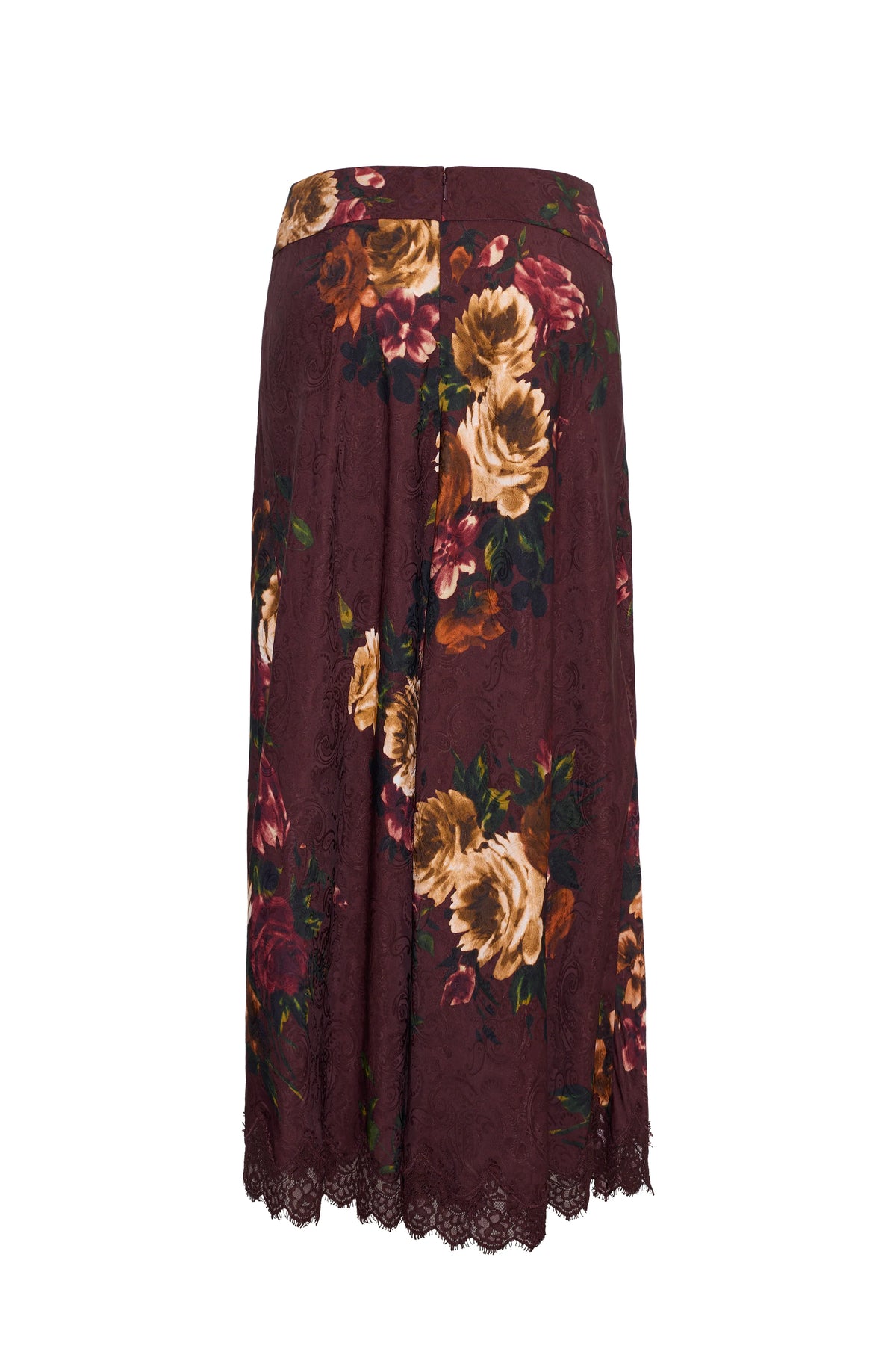Floral patterned skirt with lace hem on a white background