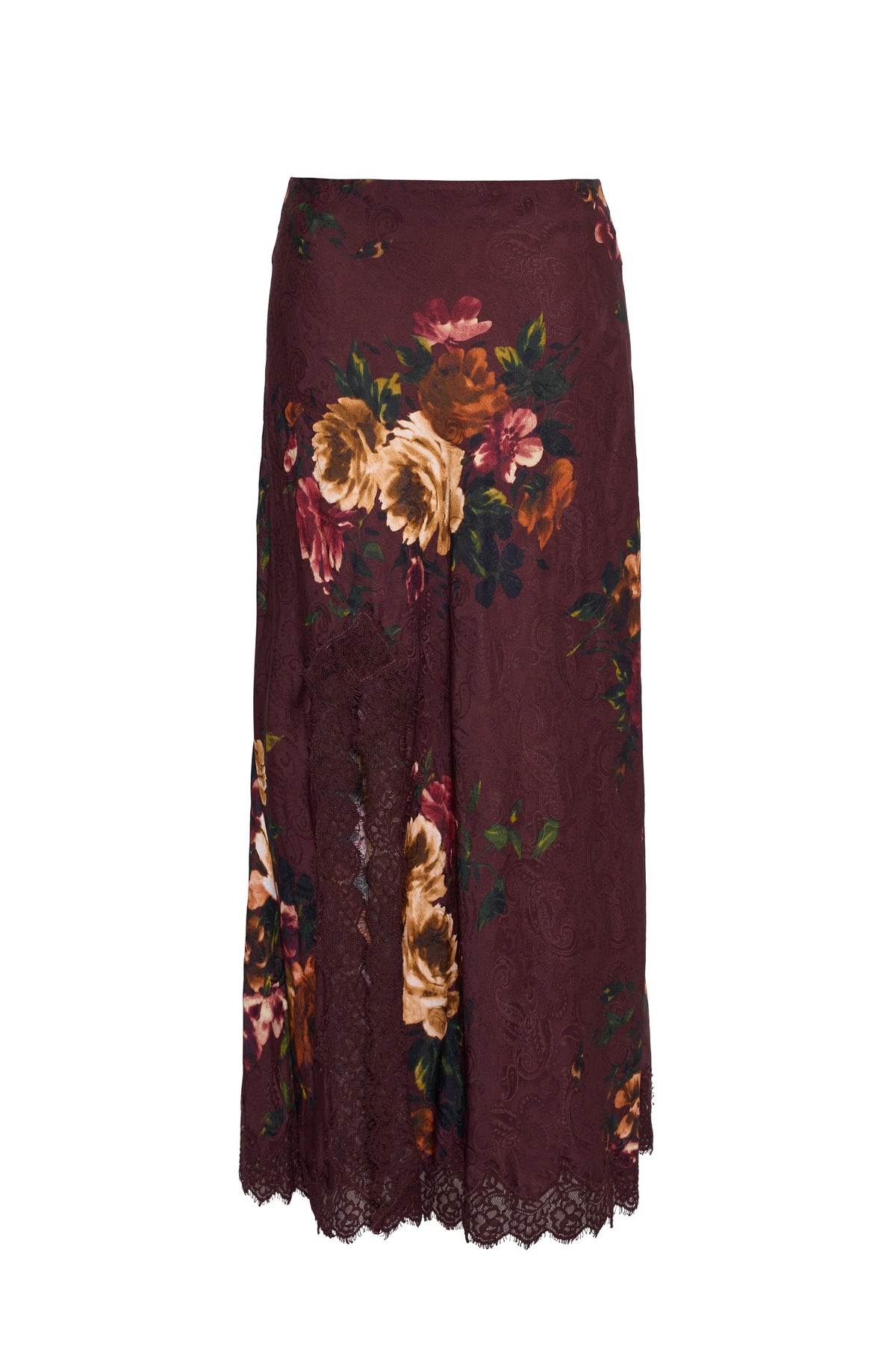 A dark burgundy maxi skirt featuring a large floral print with roses and a scalloped lace hem, shown against a plain white background.