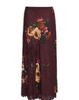 A dark burgundy maxi skirt featuring a large floral print with roses and a scalloped lace hem, shown against a plain white background.