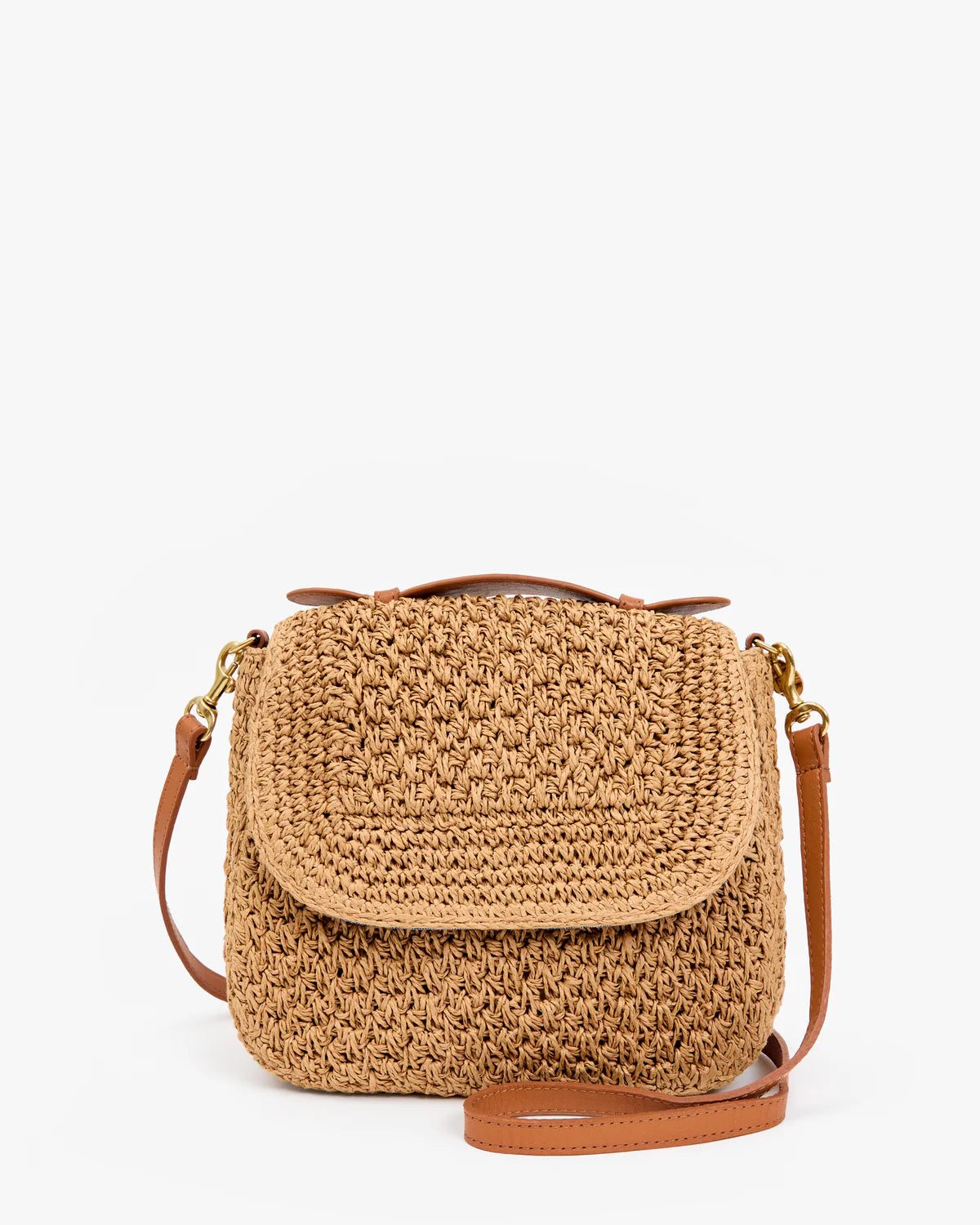 Brown woven handbag with leather straps on a white background