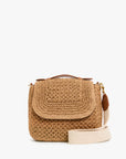 Brown woven handbag with a strap on a white background