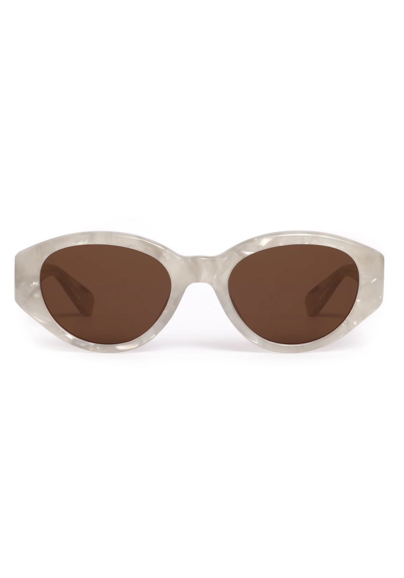 Sunglasses with a white frame and brown lenses on a white background