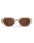 Sunglasses with a white frame and brown lenses on a white background