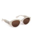 Sunglasses with white frame and brown lenses on a white background
