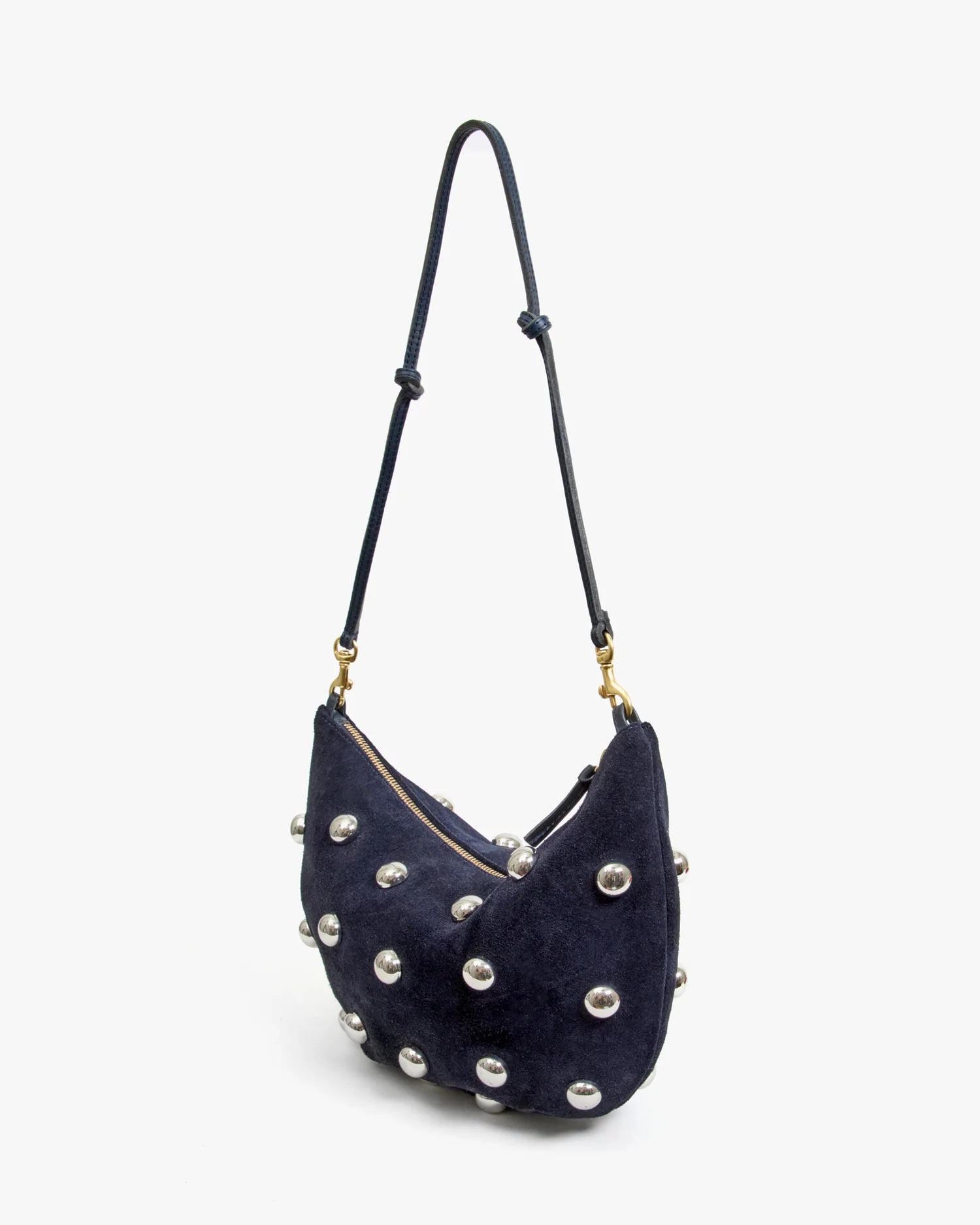 Navy blue handbag with gold studs on a white background