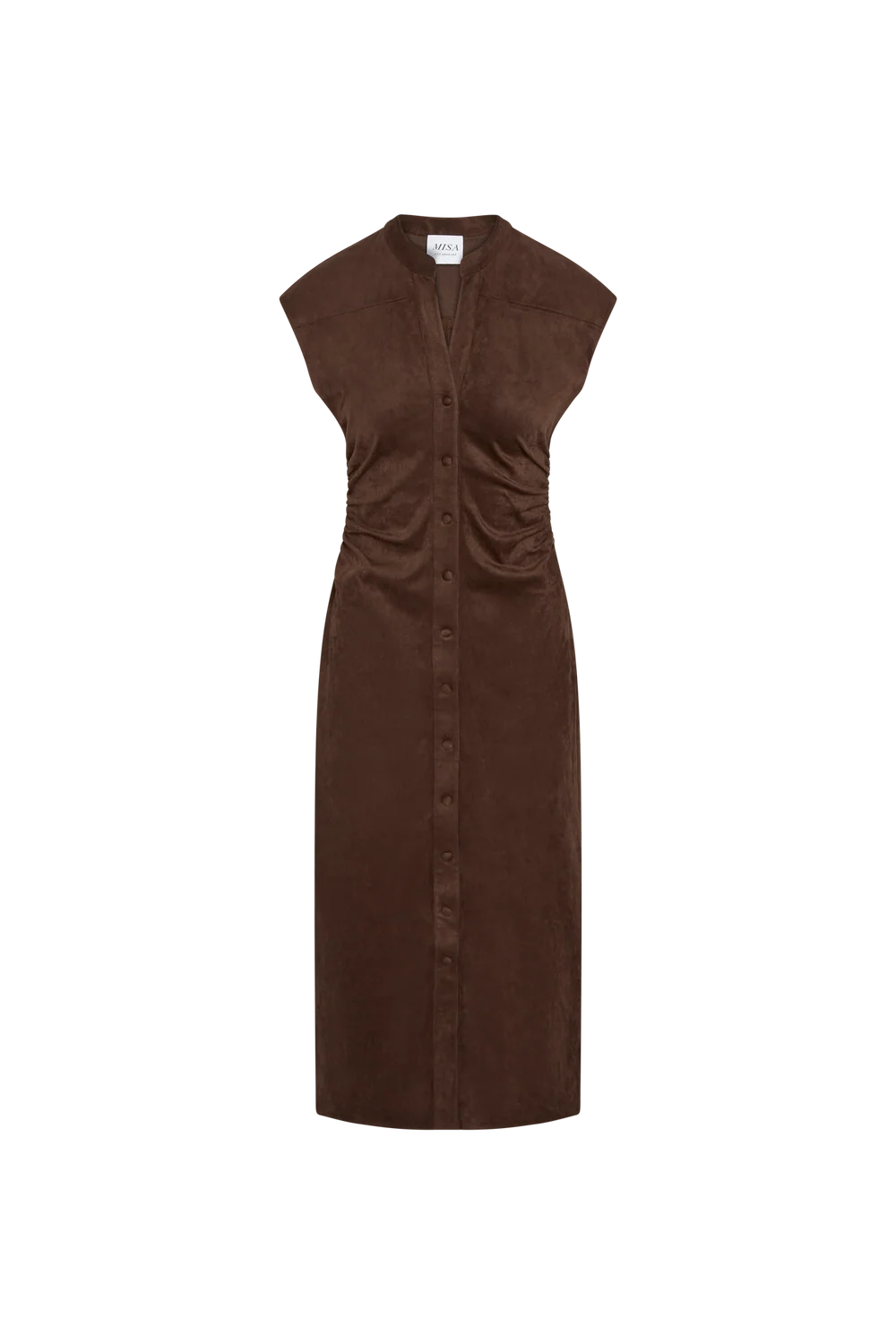 A sleeveless brown midi dress with a button-down front, gathered waist, and V-neckline, shown against a plain white background.