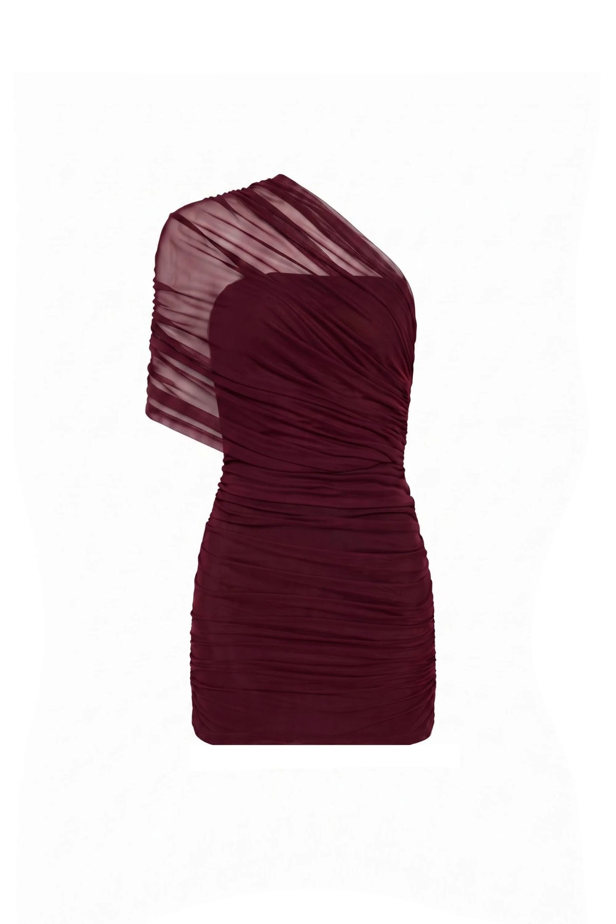 A dark burgundy one-shoulder ruched dress with a sheer mesh shoulder overlay, shown against a plain white background.