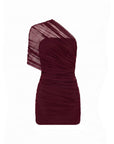 A dark burgundy one-shoulder ruched dress with a sheer mesh shoulder overlay, shown against a plain white background.