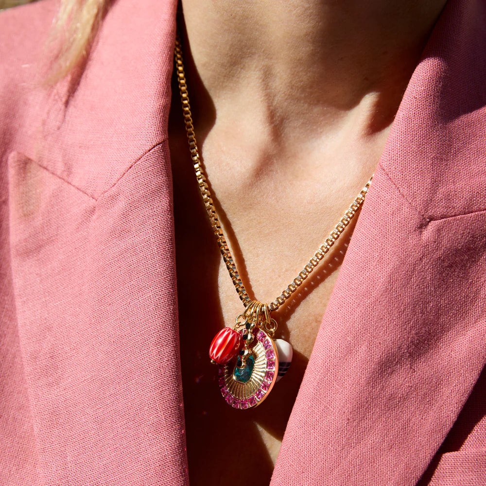 Miranda Charm Necklace on model with pink blazer
