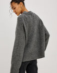 model wearing a grey sweater with black jeans on a grey background, back view