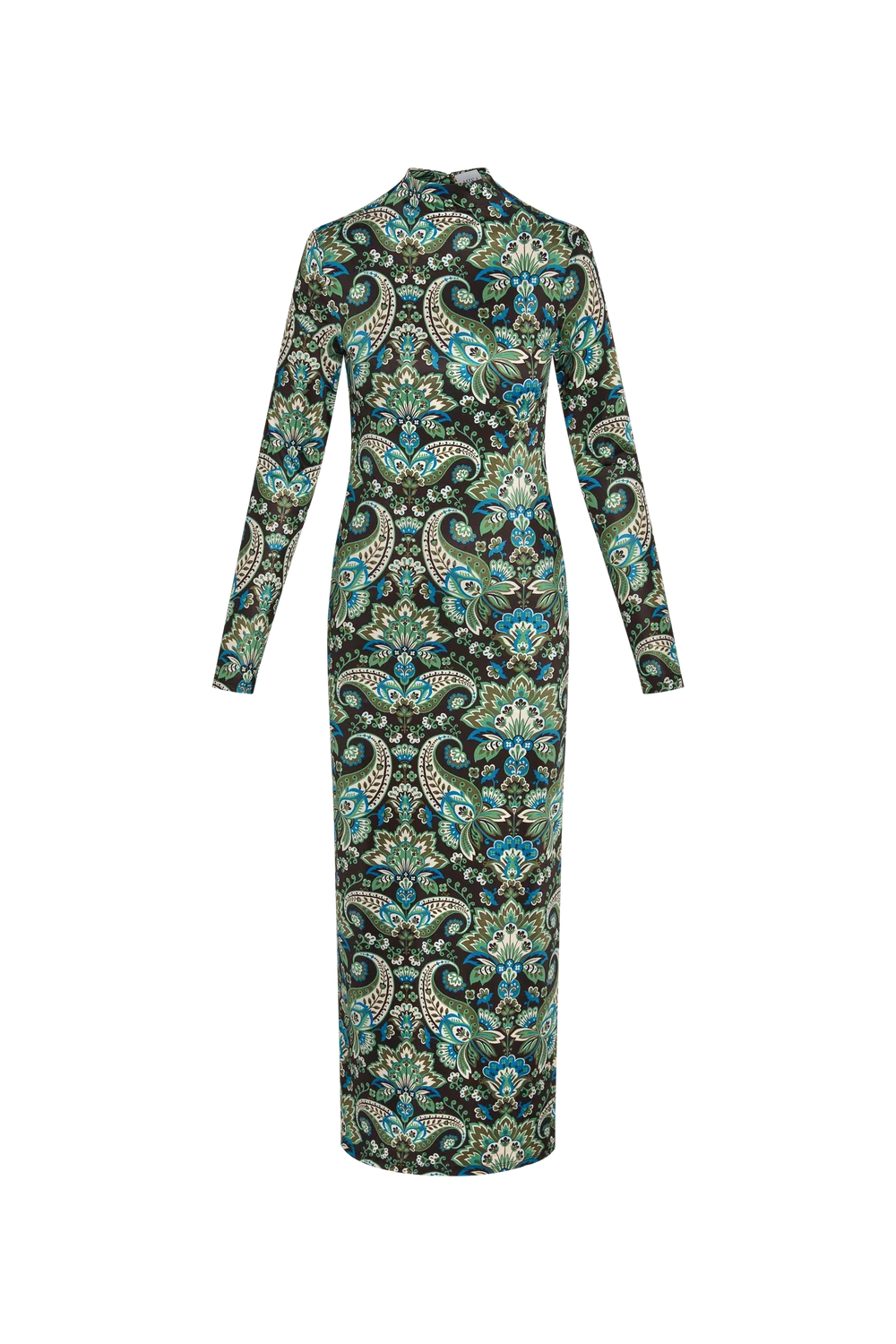A long-sleeve midi dress with a high mock neck, featuring an intricate paisley and floral pattern in teal, blue, olive green, and white on a dark background.