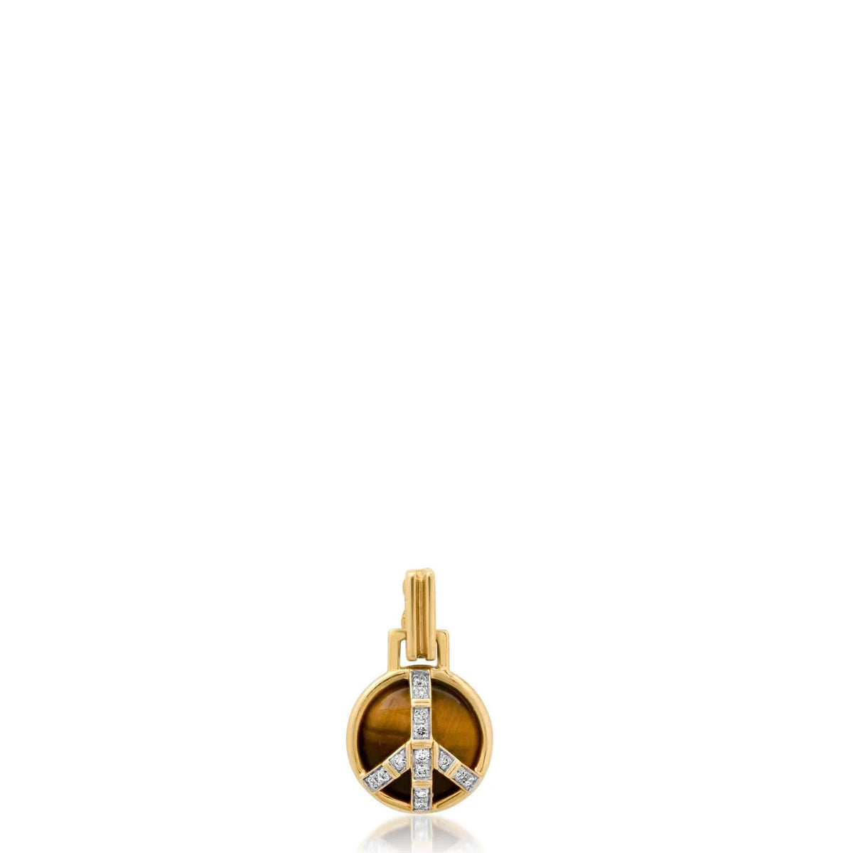 mini peace pendant in tigers eye with diamonds on a white background 