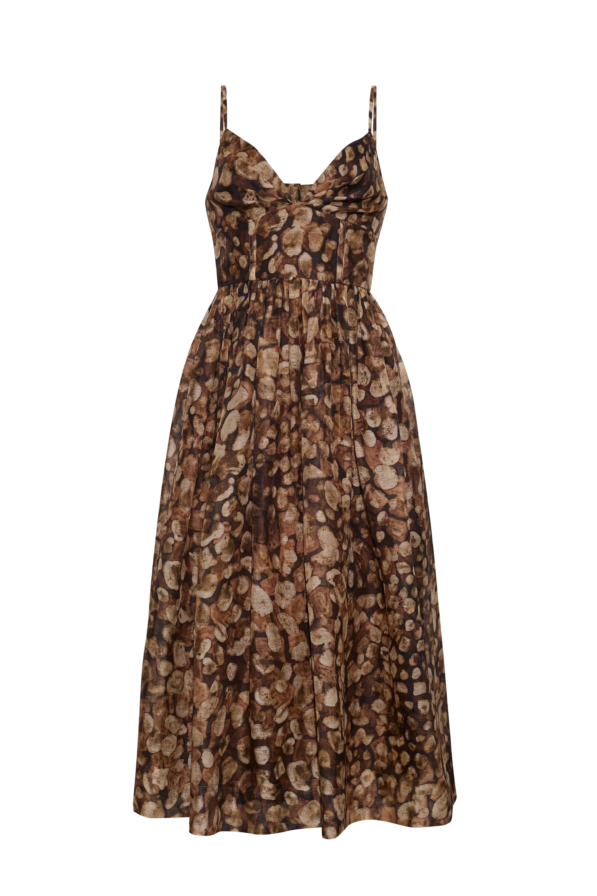 A sleeveless midi dress with thin spaghetti straps, a gathered sweetheart neckline, and a smocked waist, featuring an abstract organic pattern in shades of brown, beige, and black, shown against a plain white background.