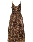 A sleeveless midi dress with thin spaghetti straps, a gathered sweetheart neckline, and a smocked waist, featuring an abstract organic pattern in shades of brown, beige, and black, shown against a plain white background.