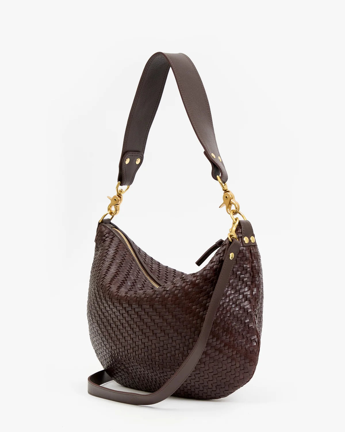 A dark brown woven leather shoulder bag with a matching shoulder strap and gold-tone hardware, shown against a plain white background.