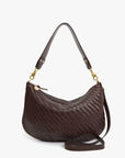 A dark brown woven leather hobo shoulder bag with a matching shoulder strap and gold-tone hardware, shown against a plain white background.
