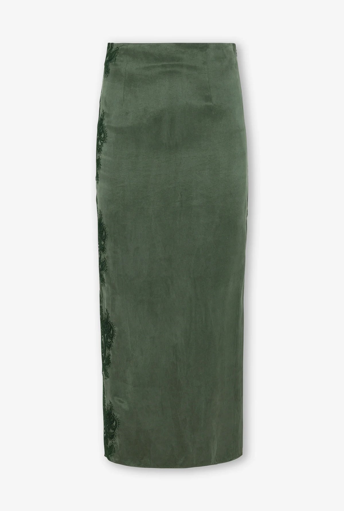 An olive green velvet midi skirt shown flat against a light gray background.