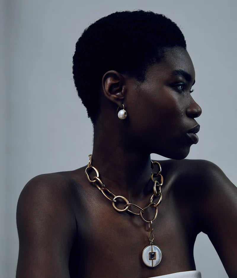 Porto Chain Necklace with charm attached on model