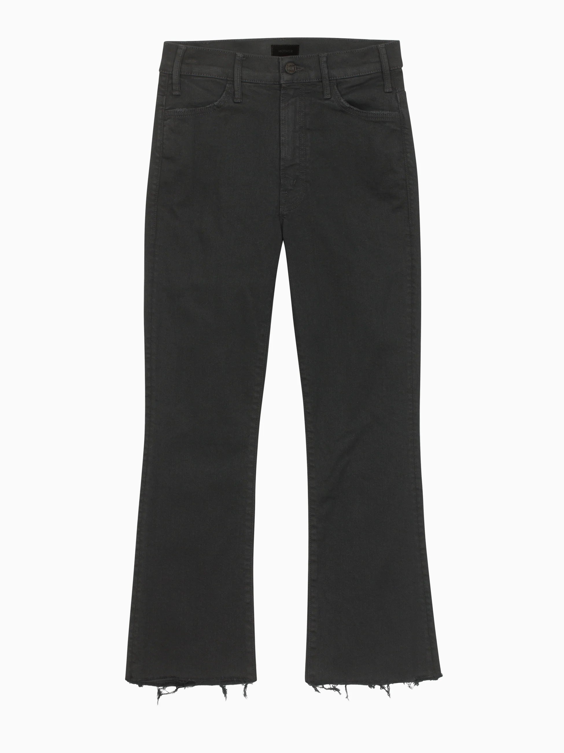 Black jeans with frayed hems on a white background