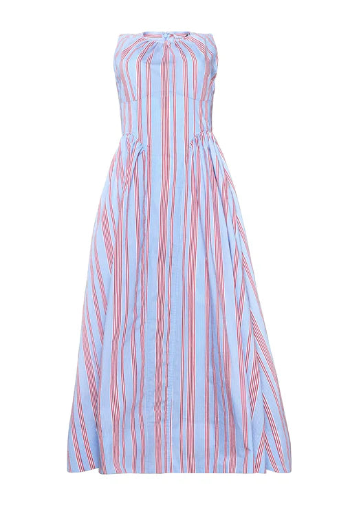 Striped dress with red and blue vertical stripes on a white background