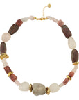 Necklace with multicolored beads and gold accents on a white background